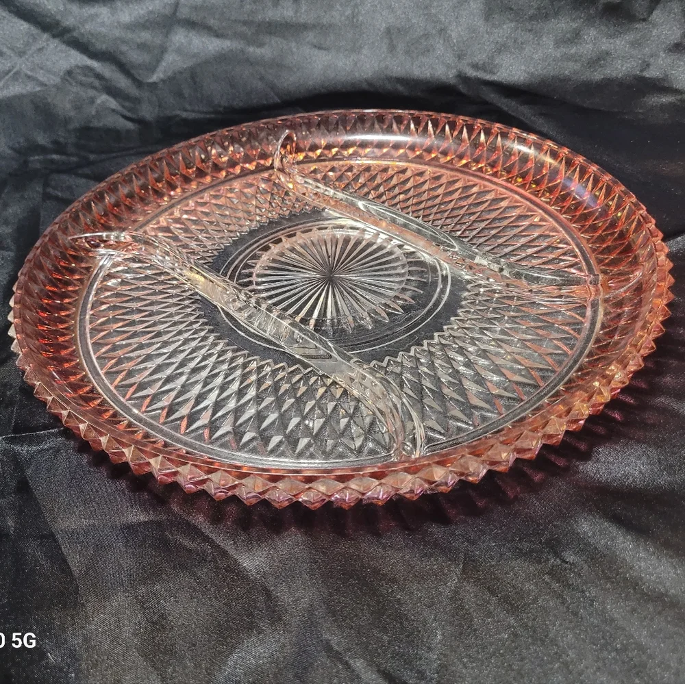 Vintage Indian Glass Diamond Point  Tray~Ruby Flash~3 Part~Relish~Serving Dish